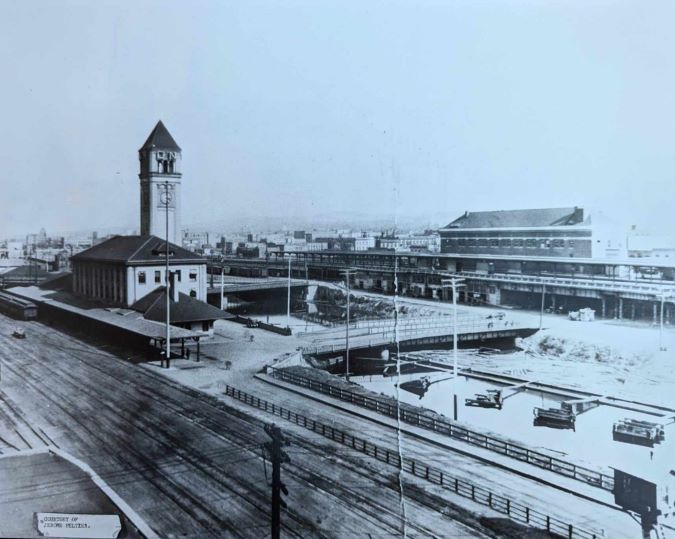 The Great Northern depot and clock tower prior to demolition and re-creation as Riverfront Park.   The Great Northern depot and clock tower prior to demolition and re-creation as Riverfront Park.